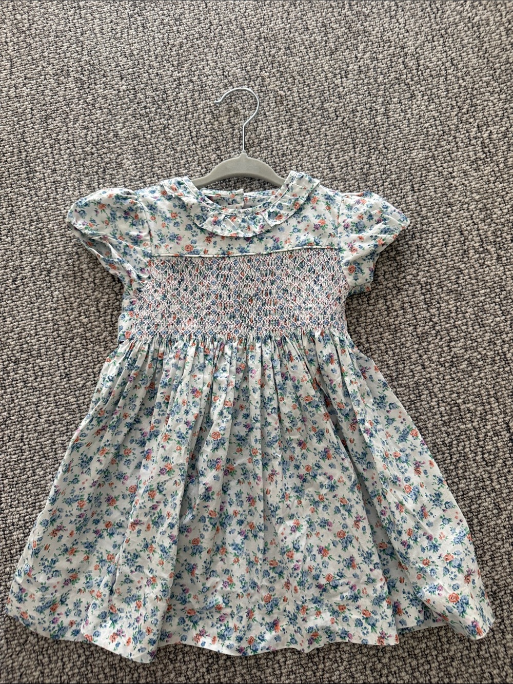 Liberty Smocked Floral Cotton Dress for Girls - White with Pink & Blue Flowers